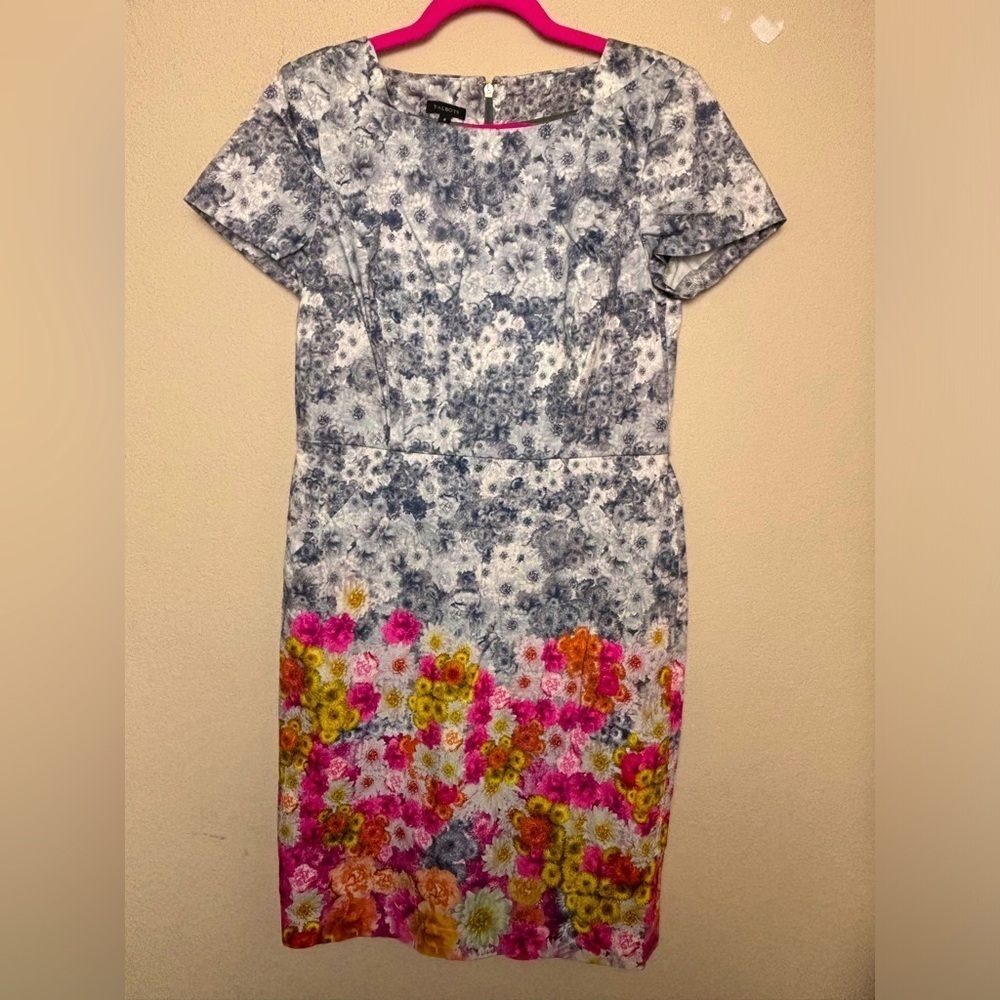 Talbots Gray & Pink Floral Ombré Cap Sleeved Knee Length Sheath Dress 10